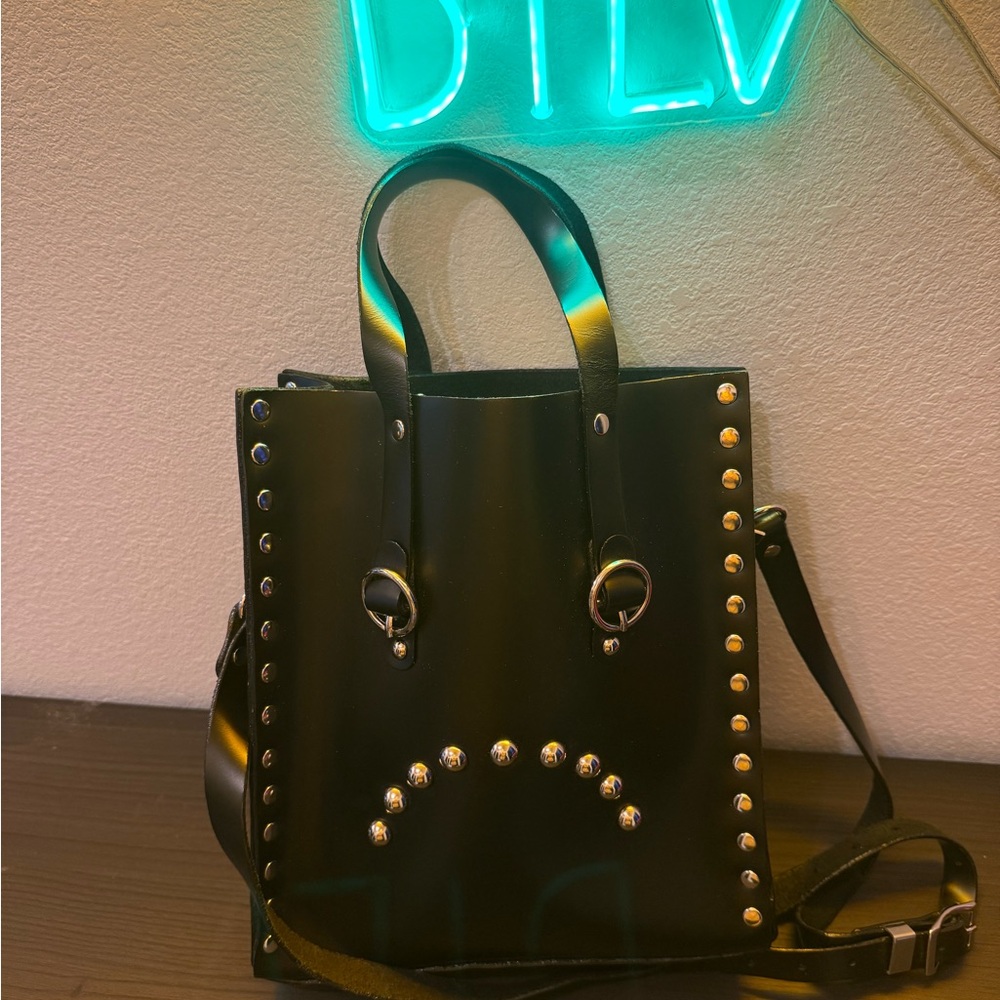 Black Mini Bag with Gold Studs and Green Handles